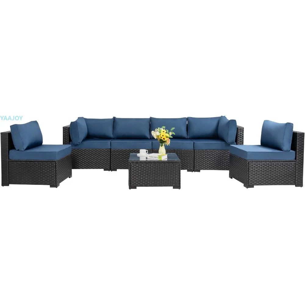 7 Pieces Outdoor Patio Sectional Sofa Couch,Wicker Rattan Furniture Conversation Sets with Washable Cushions,Glass Coffee Table