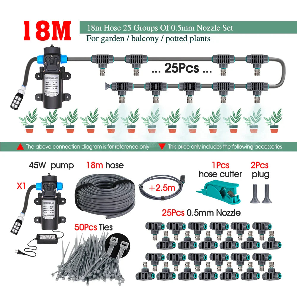 0.5MM Adjustable Spray Nozzle Automatic Irrigation Equipment 45W Pump Timer Fogging Kit for Garden Plants Misting Cooling System