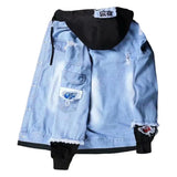 Men Light Blue Winter Jean Jackets Hooded Casual Men Solid Color Jean Jackets Popular Single Breasted Drawstring Jean Jacket