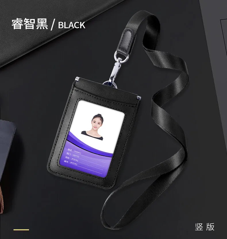 High Quality Genuine Leather ID Badge Holder Access Control Card Holders with Neck Lanyard Office Worker Magnet Hasp Campus Card