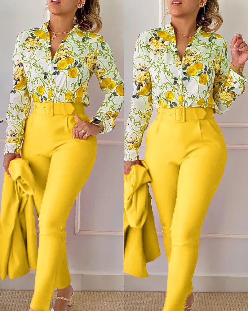 elegant print shirt and pants two piece sets women 2023 spring autumn fashion long sleeve shirts high waist pant casual suits