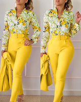 elegant print shirt and pants two piece sets women 2023 spring autumn fashion long sleeve shirts high waist pant casual suits