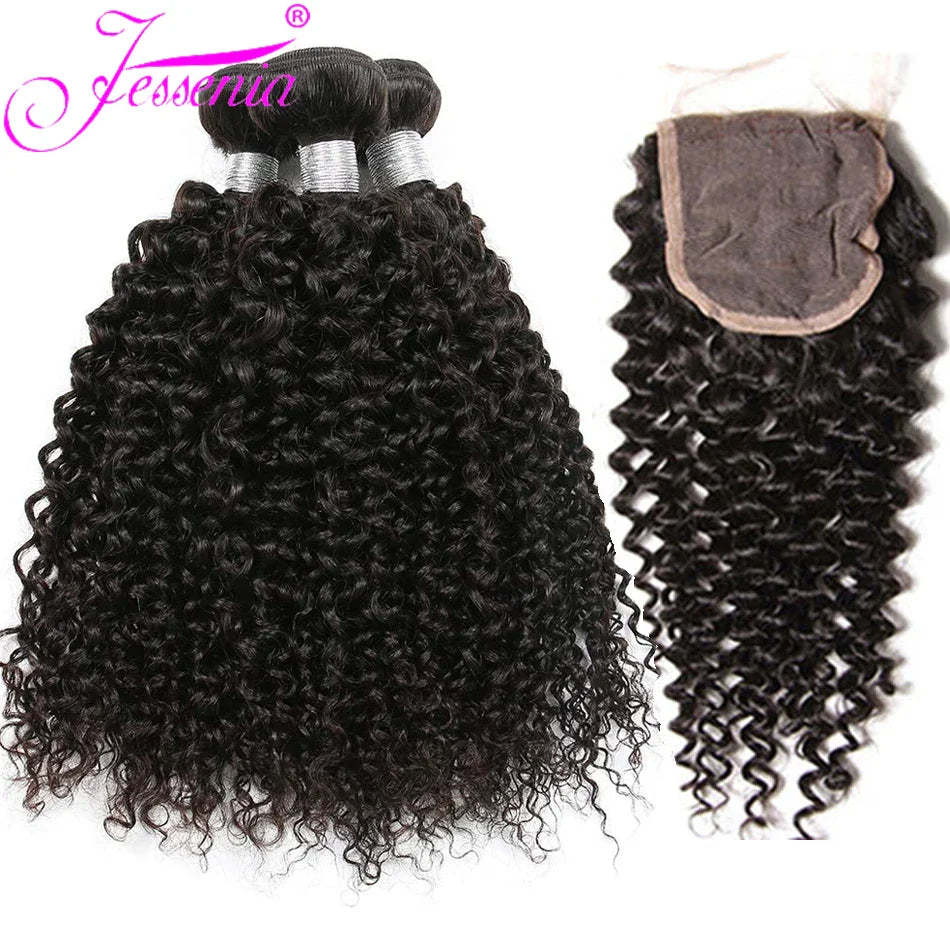 Brazilian Remy Kinky Curly Human Hair Bundles With Closure HD Lace Transparent 4x4 Lace Closure and Weave Bundle 12A Soft Hair