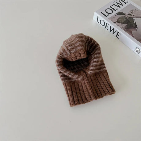 2-6Y Unisex Kids One-Piece Hats Scarf Winter Baby Girls Boys Stripe Knit Cap Woolen Yarn Scarf Earmuff Warm Keep Set for Outdoor