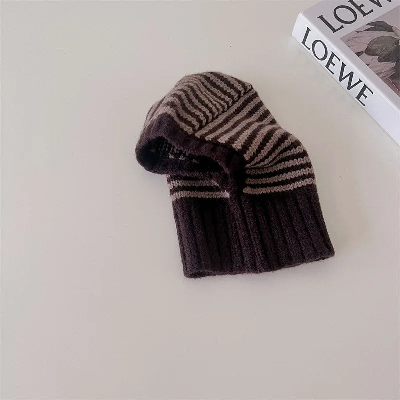 2-6Y Unisex Kids One-Piece Hats Scarf Winter Baby Girls Boys Stripe Knit Cap Woolen Yarn Scarf Earmuff Warm Keep Set for Outdoor