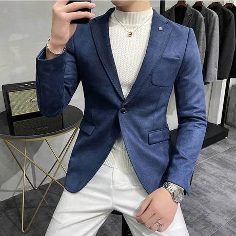 Deerskin Leather Jacket Blazer Men Casual Slim Fit Blazer Hombre Suit Leather Jacket Men Terno Masculino Men Clothing 6 Color