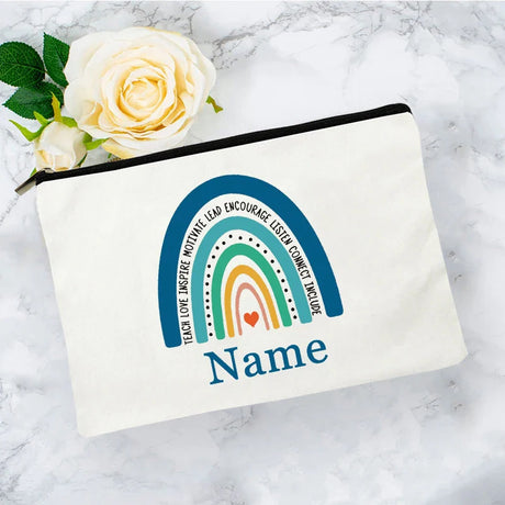 White Personalized Name Bag woman rainbow print Makeup Bag Storage Pouch Toiletries storage Cosmetic Pocket Gift for teachers