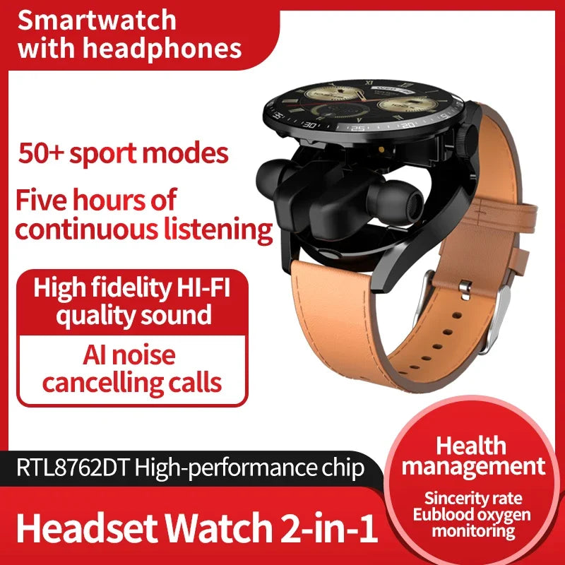 2024 New GT5 Bluetooth Headset 2-in-1 Men's Smart Watch AMOLED Screen Health Detection Step Meter Sports Smart Watch NFC