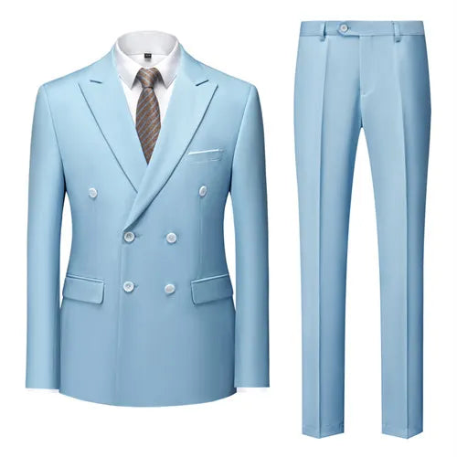 Pure Color Double-breasted Suit Two-piece Men's Fashion Slim Dress Jacket with Pants Wedding, Business Men Sets Red Blue Green