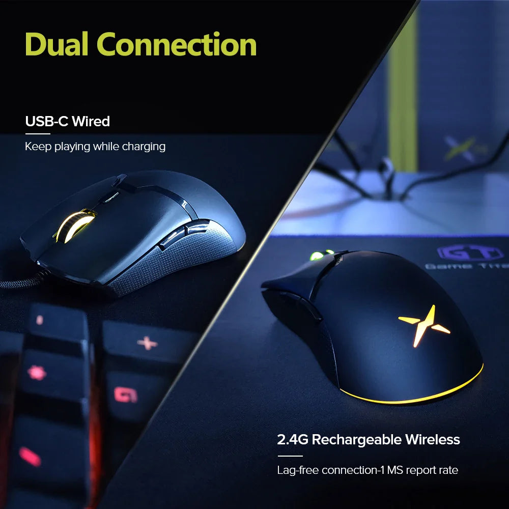 Delux M800 RGB 2.4Ghz Wireless Gaming Mouse Dual Mode 16000 DPI Lightweight Ergonomic 1000Hz Mice with Soft rope Cable