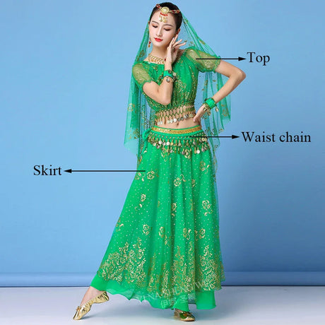 New Bollywood Costume Set Belly Dance Performance Clothes Chiffon Sequin Skirt Set Adult Women Indian Dance Costume Set