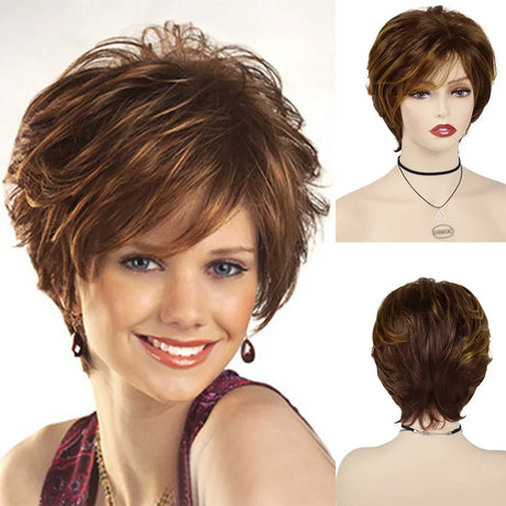 GNIMEGIL Synthetic Short Pixie Cut Wig Women Natural Hairstyle Bangs Wig Blonde Mix Brown Soft Straight Wig for Chemo Patient