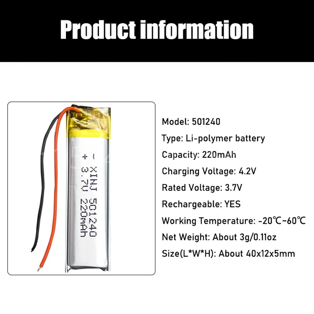 3.7V 220mAh 501240 Battery Li-Polymer Rechargeable Battery 501240 Li Po Lithium Cells for GPS Bluetooth Earphone MP3 MP4 051240