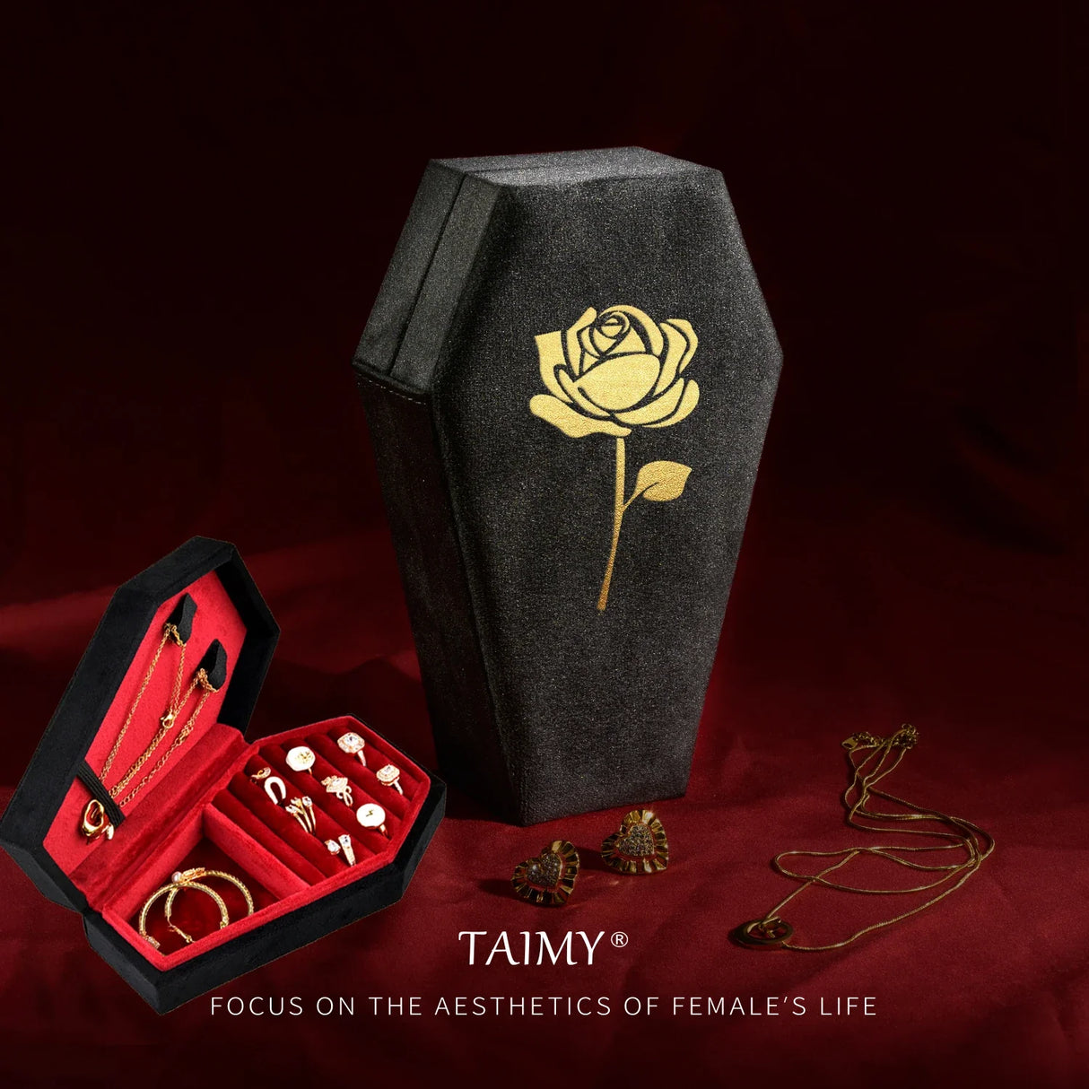 TAIMY Gothic Velvet Jewelry Coffin Shape Ring Necklace Storage Box Logo Custom Display Packaging Case Travel Hip Hop Rap Boxes