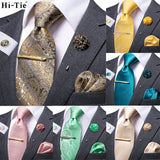 Hi-Tie Yellow Blue Solid Business Tie For Men Silk Men's Tie Clip Boutonniere Hanky Cufflinks Set Gift For Men Luxury Necktie