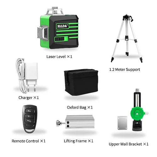 HILDA Laser Level 12 Lines 3D Level Self-Leveling 360 Horizontal And Vertical Cross Super Powerful Green Laser Level