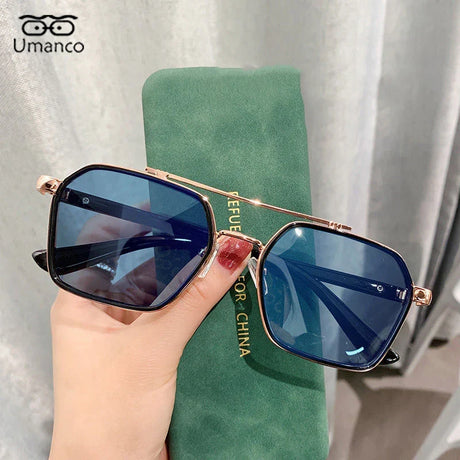 Umanco Trendy Double Beam Square Sunglasses For Men Metallic Ocean Blue Lenses Driver Sunglasses UV400 Design Retro Glasses