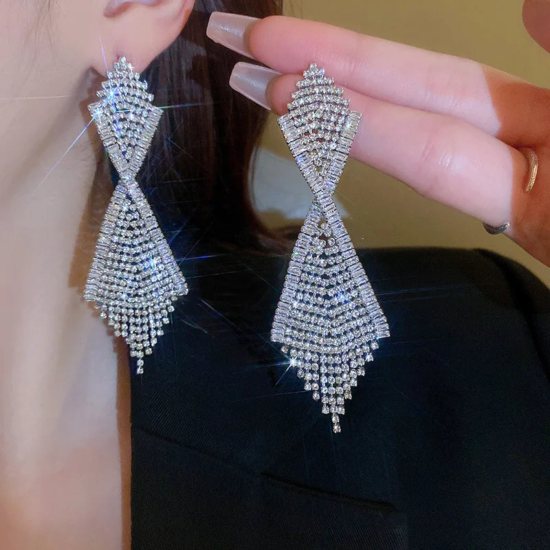 Fashion Statement Earring Long Full Rhinestone Big Earrings For Women Euorpe Evening Party Crystal Tassel Earings Wholesale