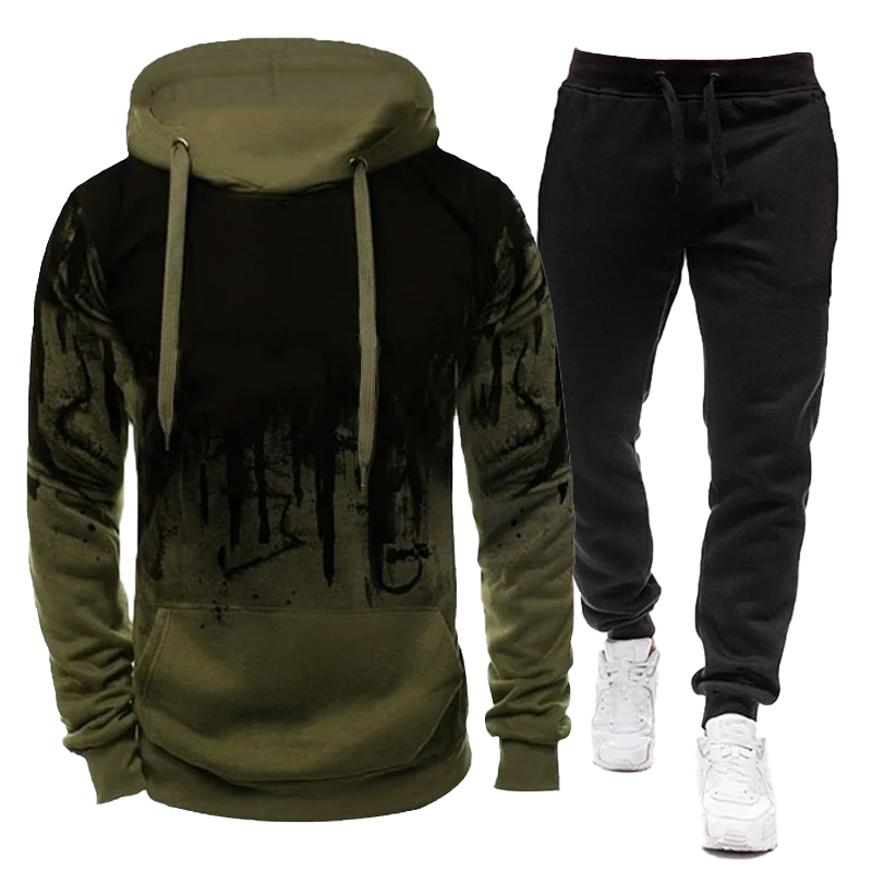 2023 Sportswear Men's casual Hoodie pants 2-piece autumn and winter jogging splash ink long sleeve splash ink sweater suit S-4XL