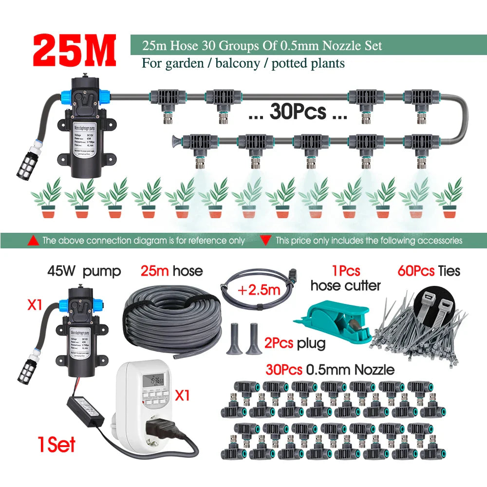 0.5MM Adjustable Spray Nozzle Automatic Irrigation Equipment 45W Pump Timer Fogging Kit for Garden Plants Misting Cooling System