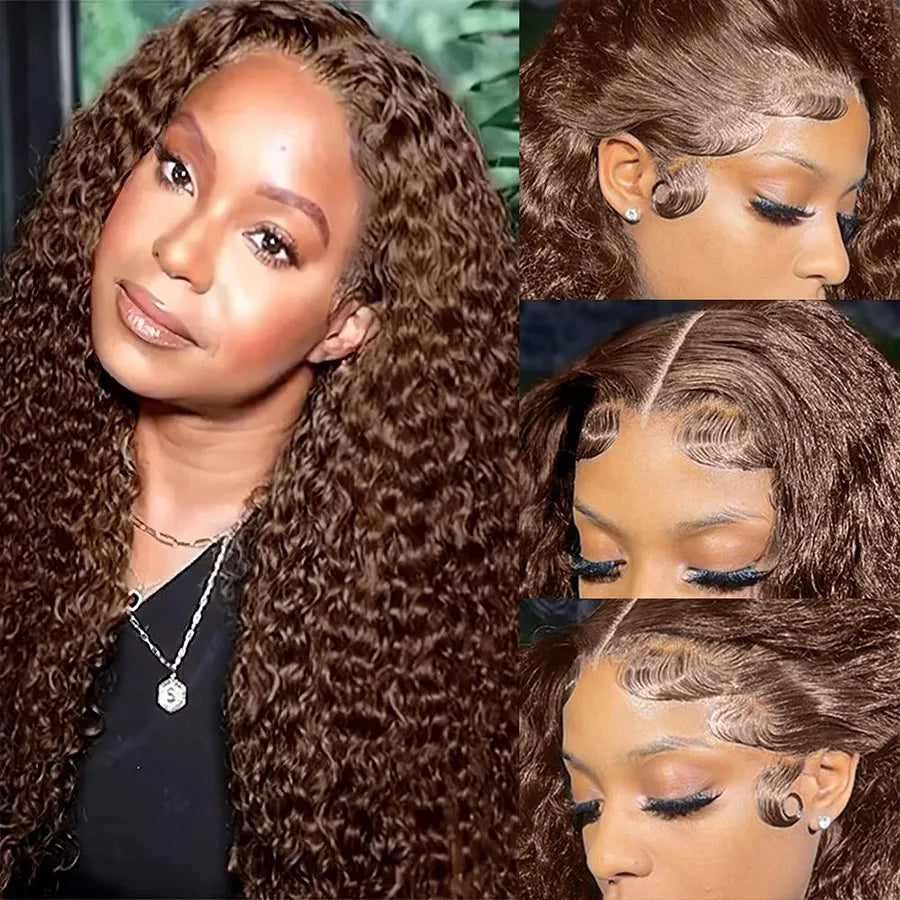 13x4 Chocolate Brown Lace Front Wig Deep Wave Frontal Wig Glueless Preplucked Human Wigs Ready to Go Colored Curly Human Hair