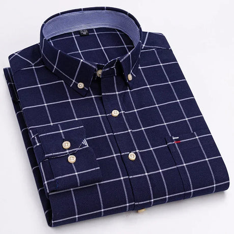 2023 Oxford Men Fashion 100% Cotton Thin Long Sleeve Casual Slim Solid Color Plaid Print Stripe Formal Dress Shirt Plus 7XL 6XL