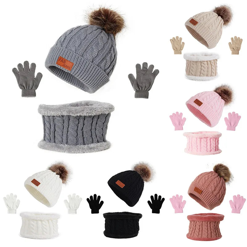 3PCS Set Cute Wool Pompom Baby Hat Scarf Glove Children Cap Warm Autumn Winter Hats For Kids Boys Girls Knitted Beanie Caps Hot