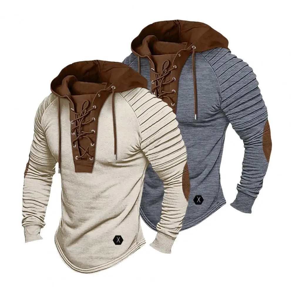 Men Hooded Sweatshirt Vintage Lace-up Drawstring Men's Hoodie with Pleated Shoulders Soft Stretchy Breathable Daily Top Tie