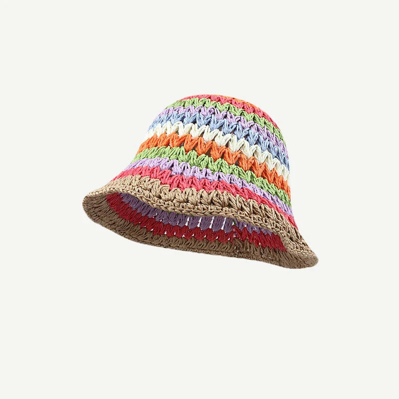 Spring Summer New Rainbow Woven Straw Hat Bucket Hat Sunblock Shade Wide Brim Hat Breathable Fisherman Hats Beach Straw Cap