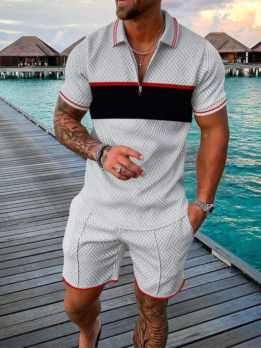 New Summer Men's Suit Trend 3D Printing Zipper Polo Shirt + Shorts Two Piece Set Soft Fashion Casual Men Clothing Tracksuit Set