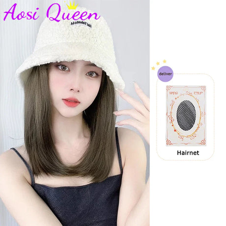 AS  Syntheti Curly hair Lamb wool fisherman hat Berets  Wig Natural Black Straight Wigs Naturally Connect Synthetic Hat Wig Adju