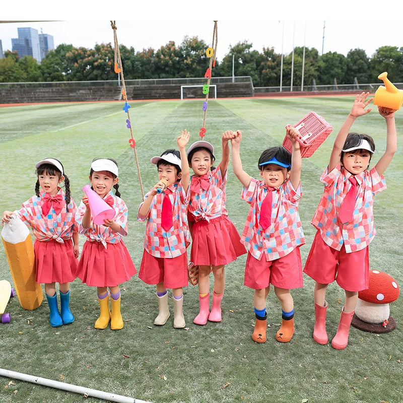 Children Performance Costume Rose Red Plaid Shirt Shorts Skirt School Kindergarten Sports Meet Cheerleading Uniforms Street Wear