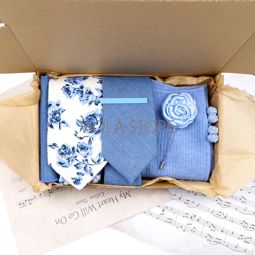 Viola Design 7 PCS Gift Box Cotton Sock Tie Sets Clip Pin Cufflinks Hanky Solid Floral Men Wedding Party Daily Cravat Accessory