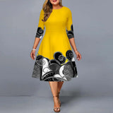 Plus Size Dress for Women Elegant Yellow Print Midi A-line Dress 2023 Summer Casual Loose Evening Party Dress