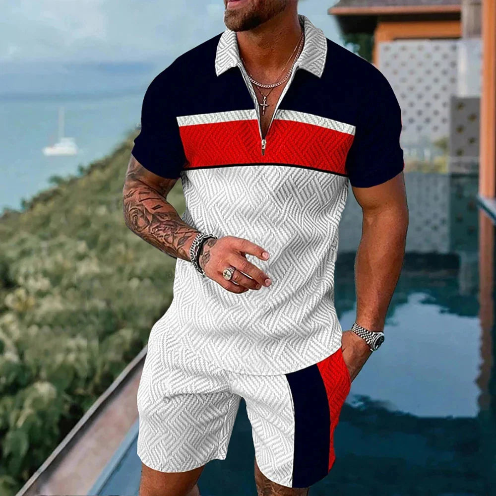 Hawaiian Polo Set Men Tracksuit Sets Summer 3D Beach Outfits Polo Shirt Shorts 2pcs Sets Zipper Coconut Tree Casual man Clothing