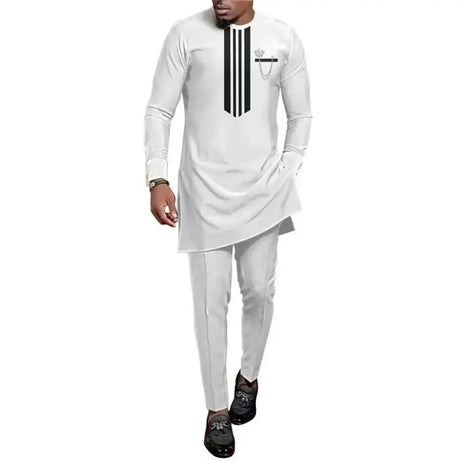 African Men's Kurta Dress White Embroidered Top And Trousers 2 Piece Suit Noble Groom Dress Banquet Ball Fashion Slim Dress Suit