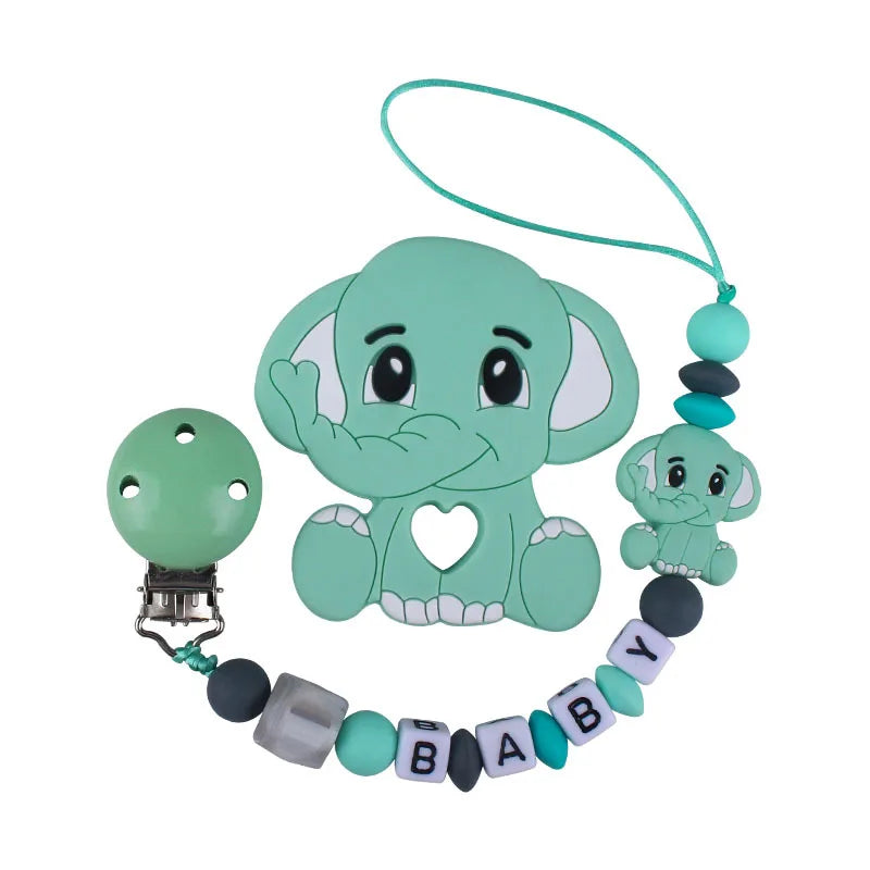 Baby Personalized Name Pacifier Clip Newborn Pacifiers Holder Custom Elephant Gum Nipple Chain Set Silicone Teething Toy Gift