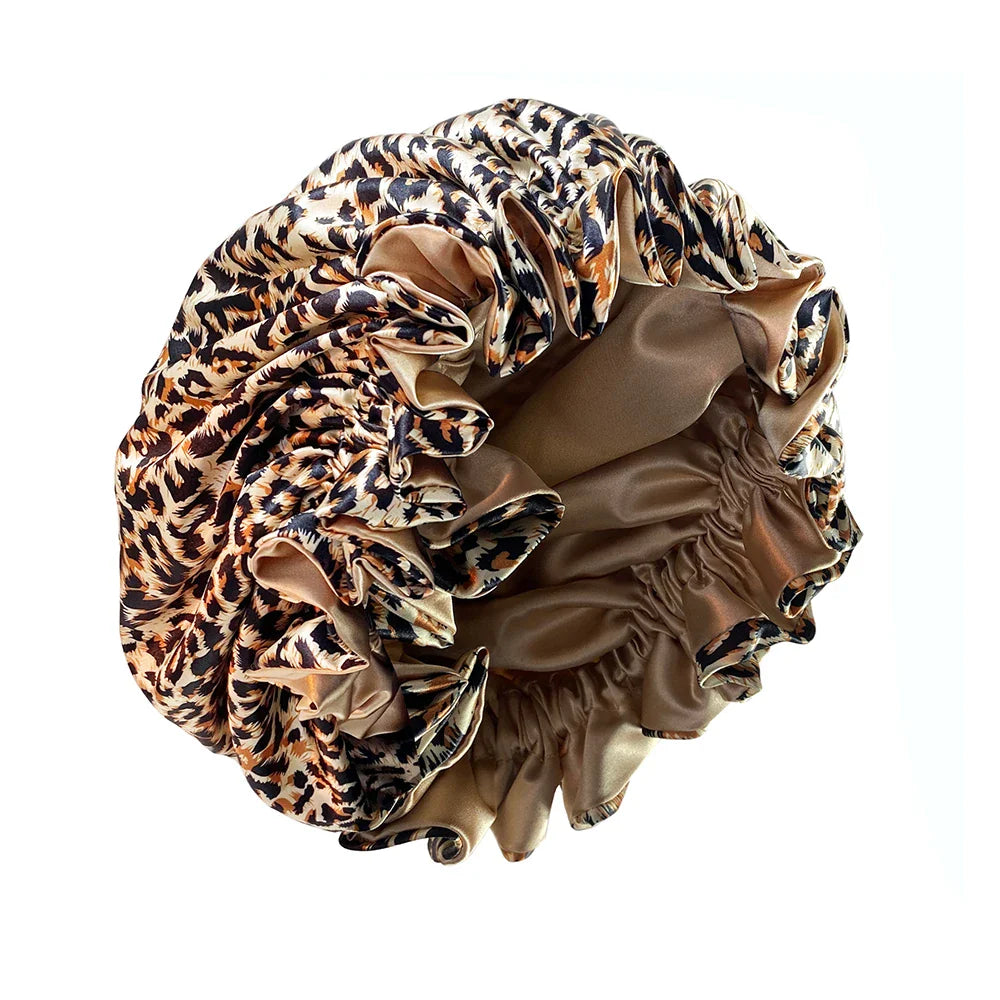 Leopard Print Double Layer Silky Bonnet Adjustable Elastic Band High Quality Satin Nightcap  Free Shipping