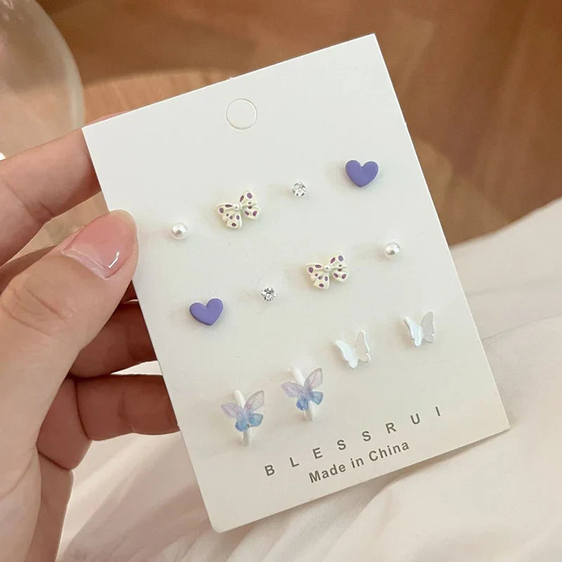 12Pcs 925 Silver Needle Stud Earrings for Women Girls Butterfly Pearl Wave Dots Sweet Simple Colorful Accessories Jewelry Gift