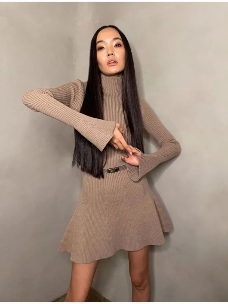 Ribbed Knitted Long Flare Sleeved Mini Dress Half High Collar High Waist Sweater Dresses Women Autumn Fashion Street Vestidos