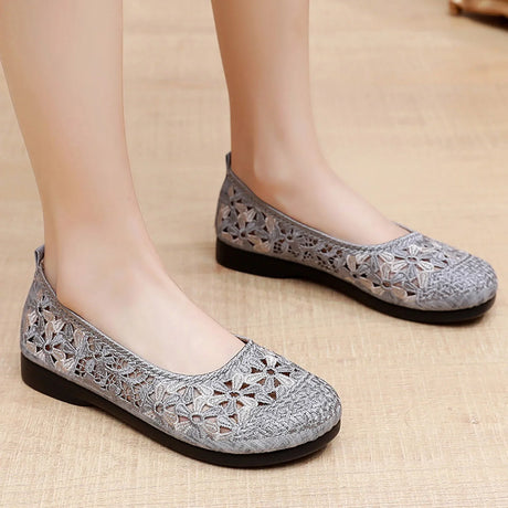 Summer Women Casual Shoes Flat Bottom Low Heel Lightweight Slip On Hollow Embroidered Flowers Womens Shoes  Women'S Sports Shoes