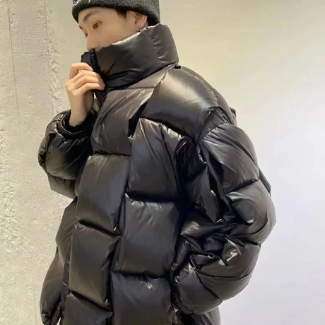 Winter Men's Cotton Padded Jacket Puffer Loose Solid Warm Coats Long Sleeve Criss Cross Stand Collar Thick Parka For Male