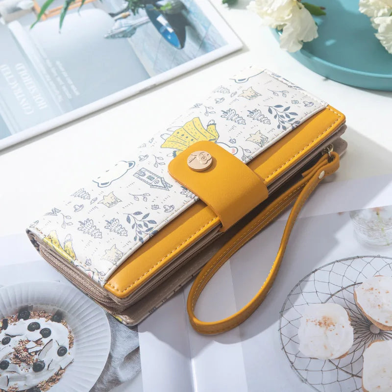 Cute Bear Cartoon PU Leather Lady Long Hand Holding Large-Capacity Card Holder Women`s Wallet Girl Fashion Coin Purse Wristband