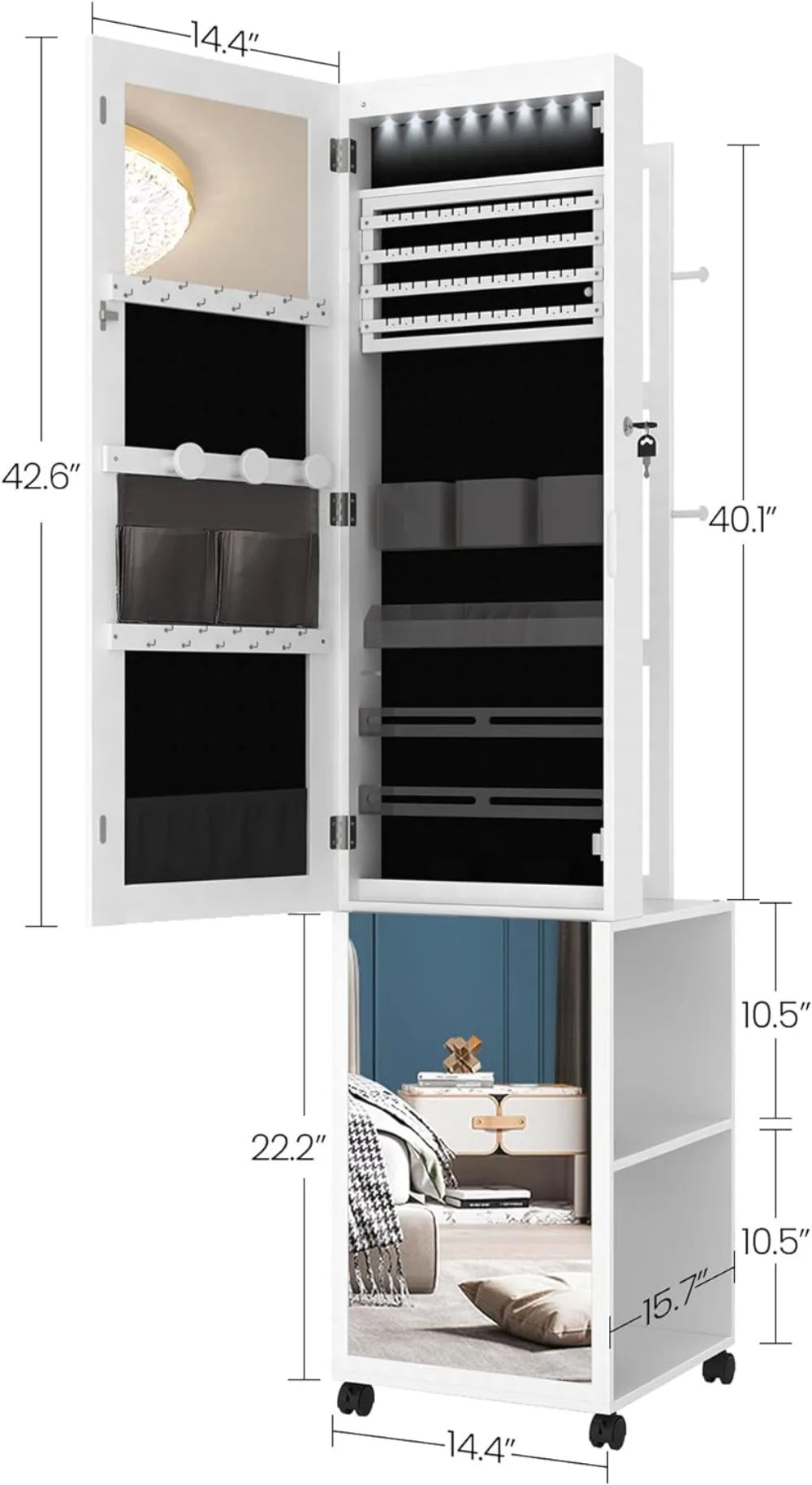 8 LEDs Jewelry Cabinet Armoire, 64.8-inch Jewelry Organizer, Lockable Full-length Mirror, Storage Shelves with Hooks, White