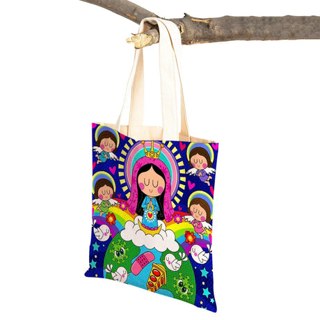 Ladies Shopping Bag Cartoon Virgin Mary Series Handbag Foldable Reusable Cloth Shopper Harajuku Style Student Canvas Tote