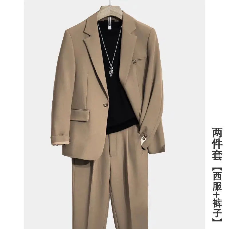 Spring Summer British Style Formal Blazer Men Korean Fashion Loose Casual Two-piece Set Men Harajuku Social Suit Jacket Men E31