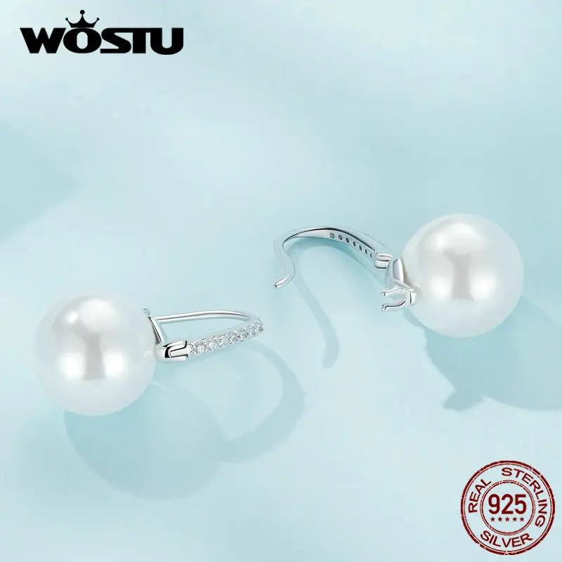 WOSTU Real 925 Sterling Silver European Simple U style Big Shell Pearl Hoop Earrings Women Drop Earring Party Accessories Gift