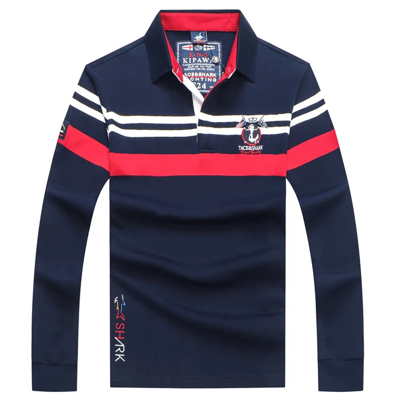 TACE&SHARK Brand Shark Embroidery Long Sleeve Polo Tops Casual Fashion Stripe Men Slim Polo Casual Business Clothes