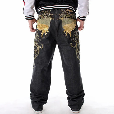 Plus Size Waist 30-46Inch Streetwear Baggy Jeans Men's Designer Clothes Embroidered Flower Wings Trousers Male