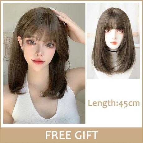 LM Dark Brown Wig Long Wave Wigs for Women Synthetic Hair Wig With Bangs Heat Resistant Party Daily Natural Use